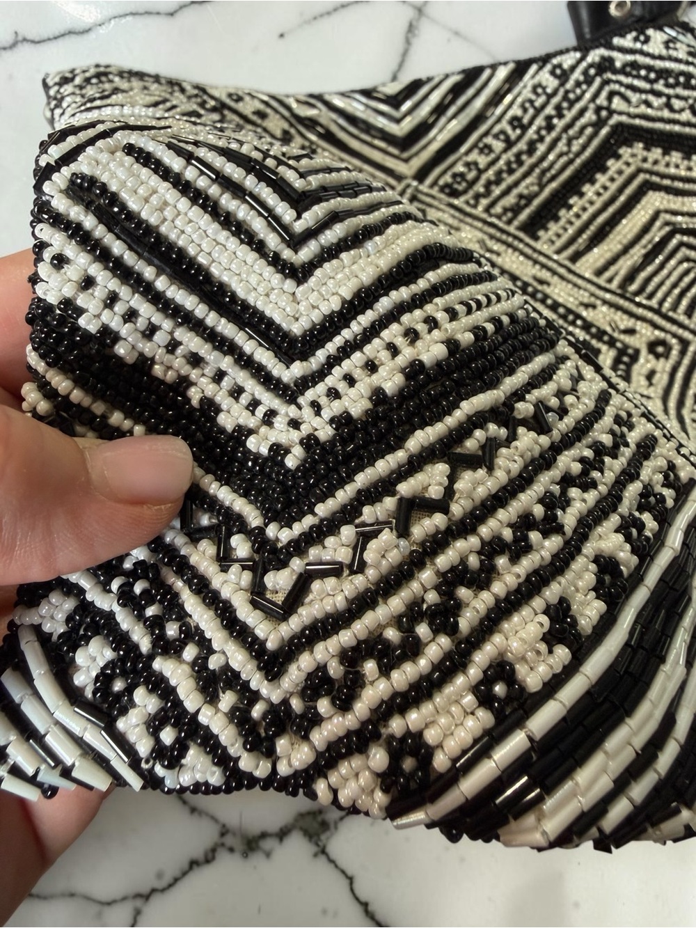Christina Hand Beaded Crossbody Bag Black White Geometric Boho Zip Top Purse - Picture 2 of 8